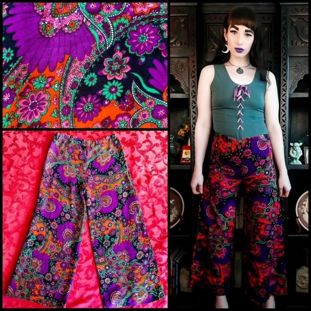 Vintage 1970s Paisley Psychedelic Wide Leg Purple Hippie Boho Bell Bottom Pants
